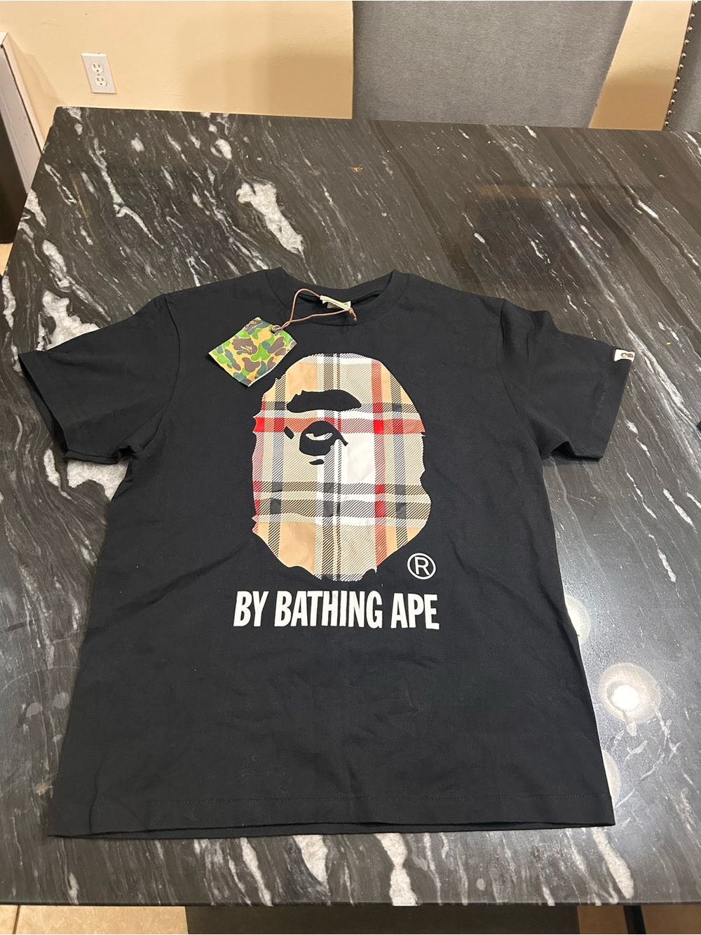 Bape Black Tee with Beige Plaid Ape Head